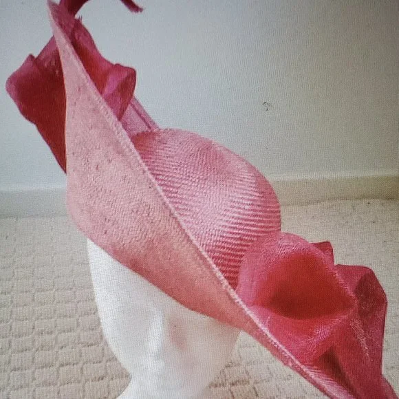 Hot Pink Parisisal Straw Brimmed Hat | Sinamay Lilies & Ruffle Detail Blush Pink Derby Hat, Large Sinamay Brim, Feather Flower - Etsy main image 3